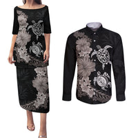 Hawaiian Flower and Tribal Turtle Couples Matching Puletasi and Long Sleeve Button Shirt Grayscale Mode
