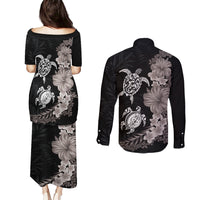 Hawaiian Flower and Tribal Turtle Couples Matching Puletasi and Long Sleeve Button Shirt Grayscale Mode