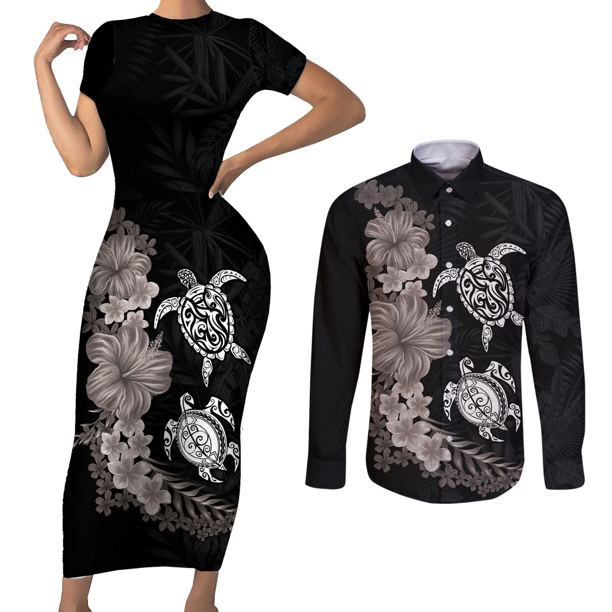 Hawaiian Flower and Tribal Turtle Couples Matching Short Sleeve Bodycon Dress and Long Sleeve Button Shirt Grayscale Mode LT03 Black - Polynesian Pride