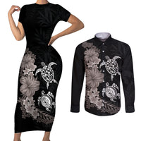 Hawaiian Flower and Tribal Turtle Couples Matching Short Sleeve Bodycon Dress and Long Sleeve Button Shirt Grayscale Mode LT03 Black - Polynesian Pride