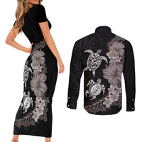 Hawaiian Flower and Tribal Turtle Couples Matching Short Sleeve Bodycon Dress and Long Sleeve Button Shirt Grayscale Mode LT03 - Polynesian Pride