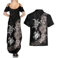 Hawaiian Flower and Tribal Turtle Couples Matching Summer Maxi Dress and Hawaiian Shirt Grayscale Mode LT03 - Polynesian Pride