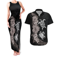 Hawaiian Flower and Tribal Turtle Couples Matching Tank Maxi Dress and Hawaiian Shirt Grayscale Mode LT03 Black - Polynesian Pride