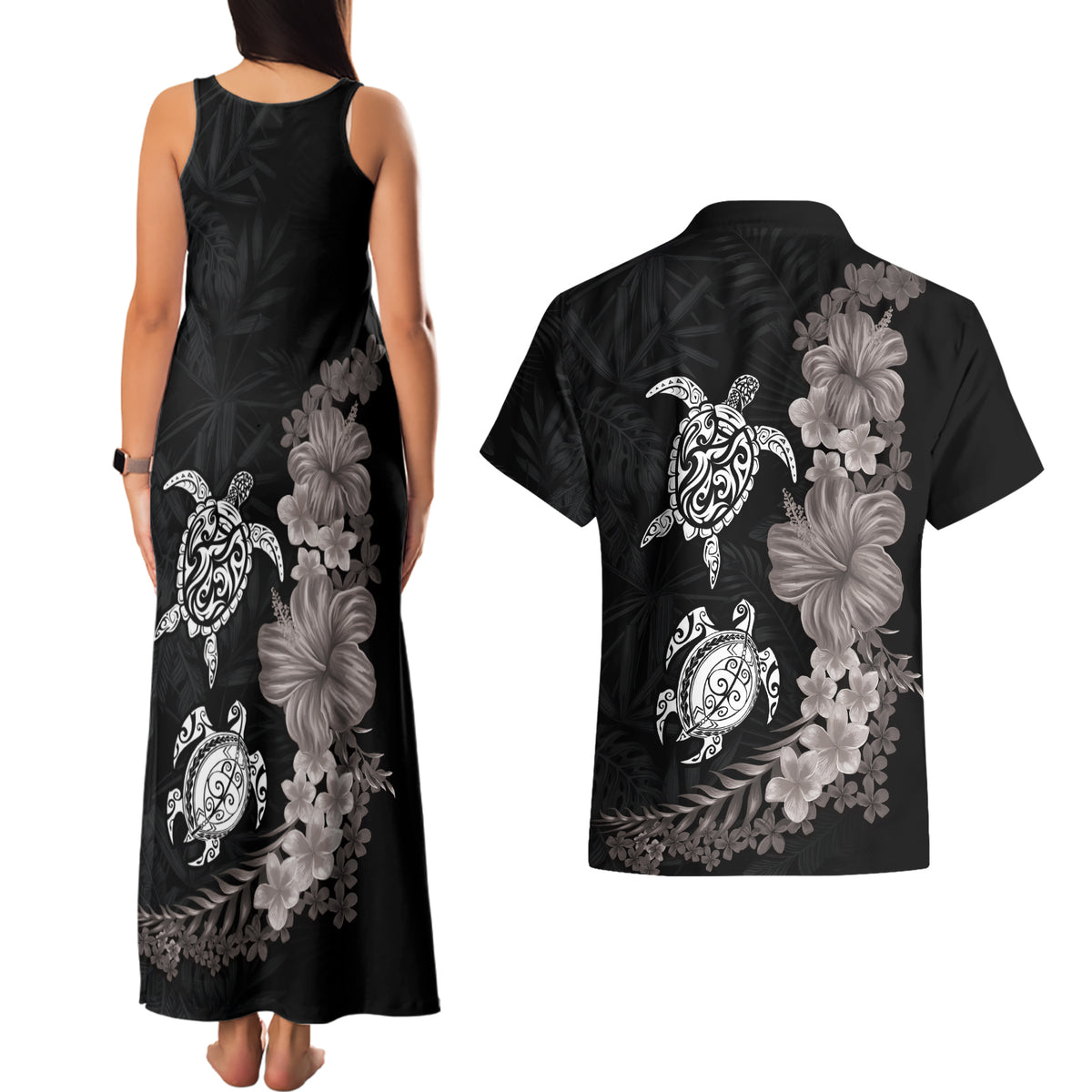 Hawaiian Flower and Tribal Turtle Couples Matching Tank Maxi Dress and Hawaiian Shirt Grayscale Mode LT03 - Polynesian Pride