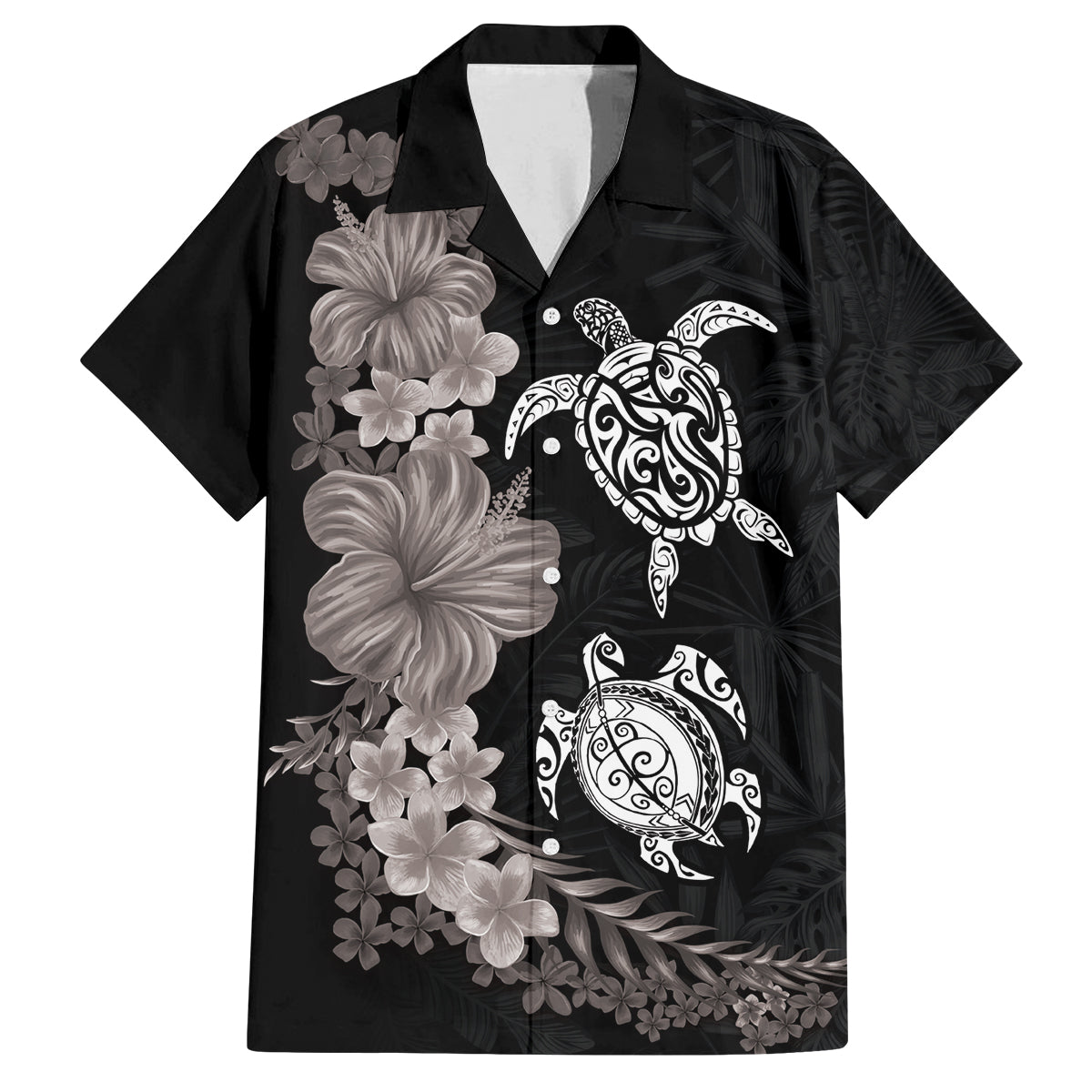 Hawaiian Flower and Tribal Turtle Family Matching Puletasi and Hawaiian Shirt Grayscale Mode