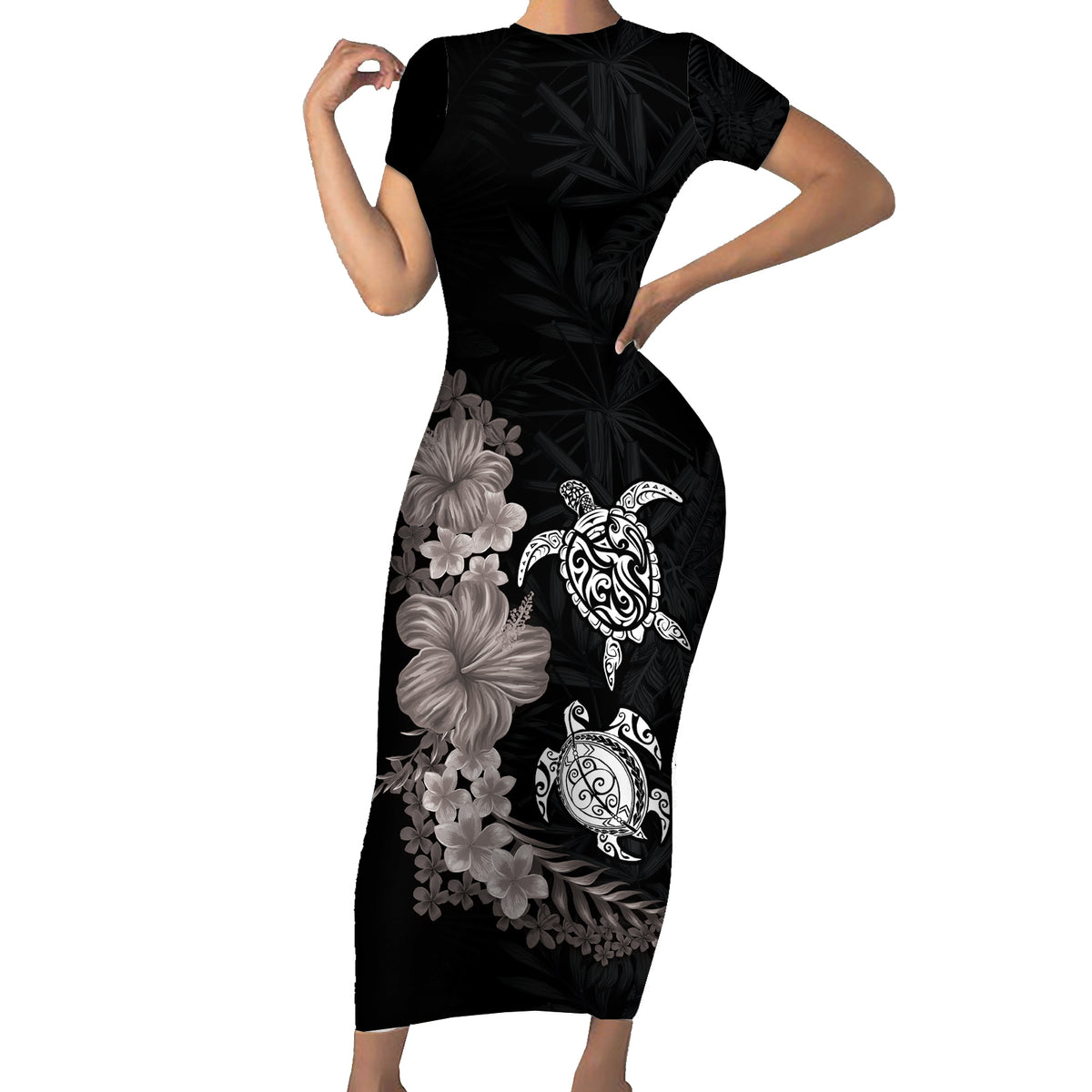 Hawaiian Flower and Tribal Turtle Family Matching Short Sleeve Bodycon Dress and Hawaiian Shirt Grayscale Mode
