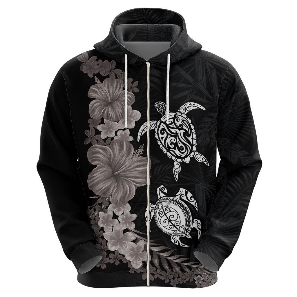 Hawaiian Flower and Tribal Turtle Hoodie Grayscale Mode