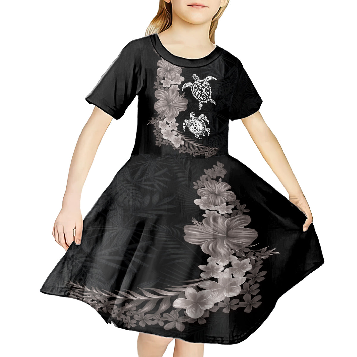 Hawaiian Flower and Tribal Turtle Kid Short Sleeve Dress Grayscale Mode