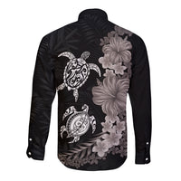 Hawaiian Flower and Tribal Turtle Long Sleeve Button Shirt Grayscale Mode