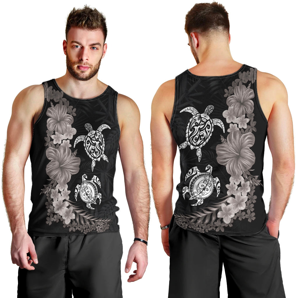 Hawaiian Flower and Tribal Turtle Men Tank Top Grayscale Mode LT03 - Polynesian Pride