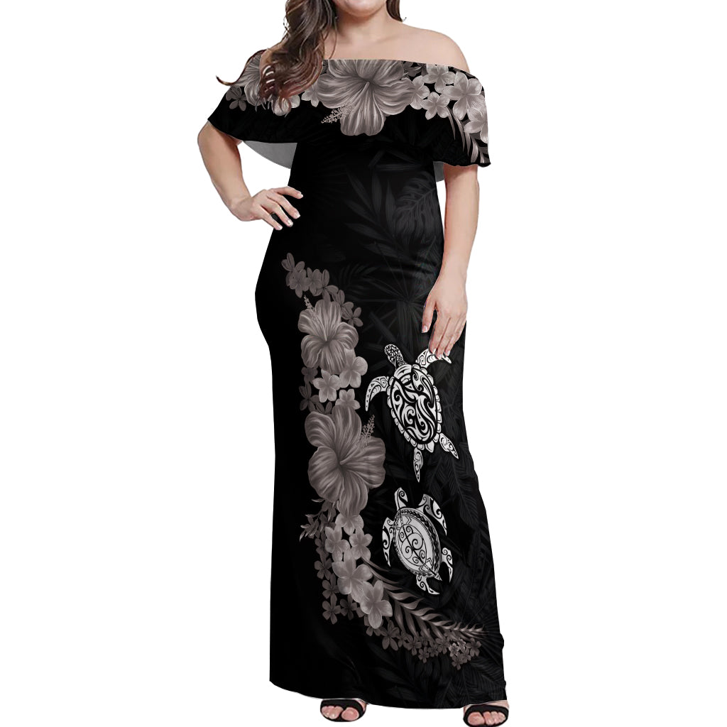 Hawaiian Flower and Tribal Turtle Off Shoulder Maxi Dress Grayscale Mode