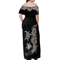 Hawaiian Flower and Tribal Turtle Off Shoulder Maxi Dress Grayscale Mode