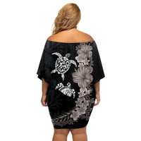 Hawaiian Flower and Tribal Turtle Off Shoulder Short Dress Grayscale Mode