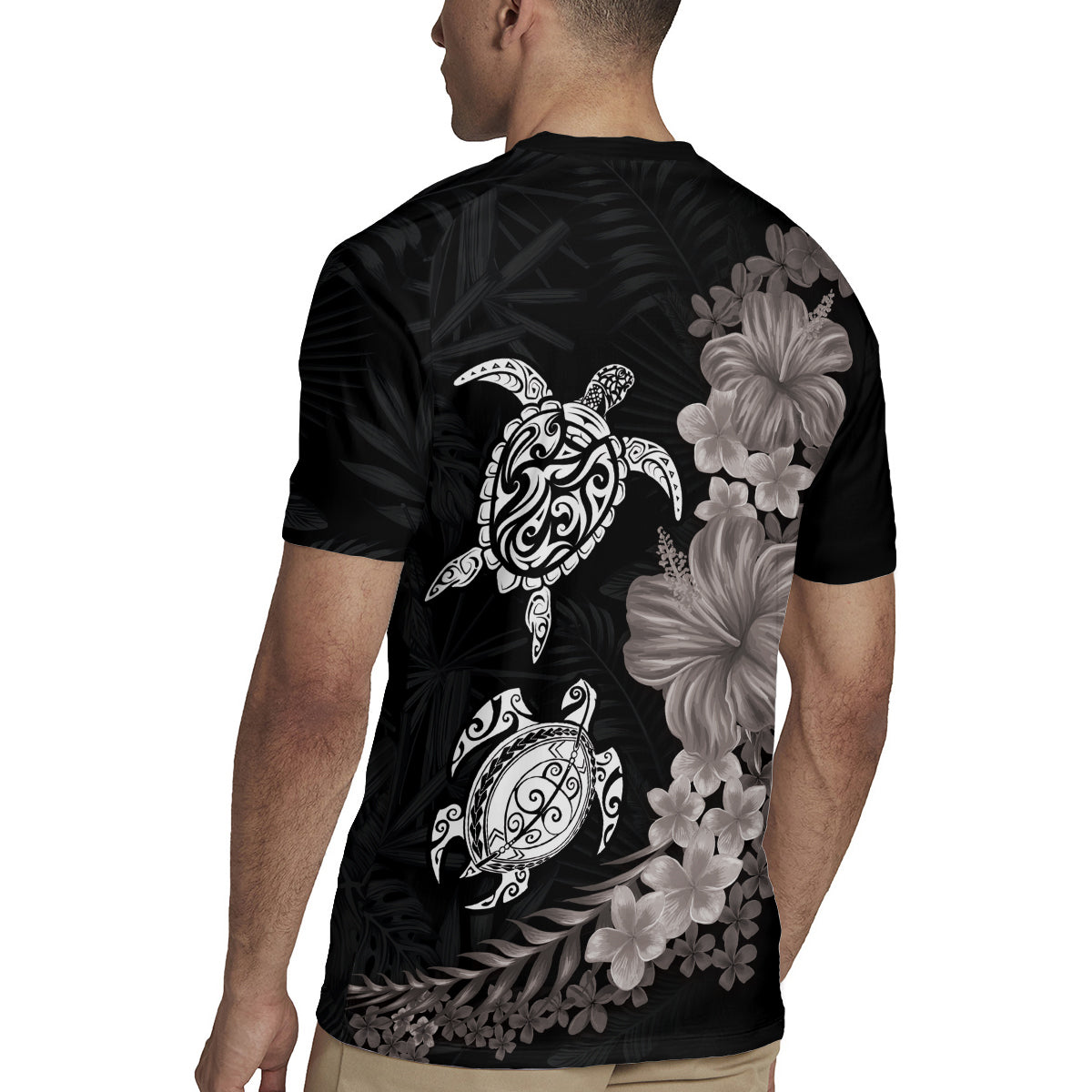 Hawaiian Flower and Tribal Turtle Rugby Jersey Grayscale Mode