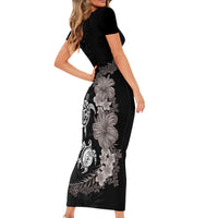 Hawaiian Flower and Tribal Turtle Short Sleeve Bodycon Dress Grayscale Mode