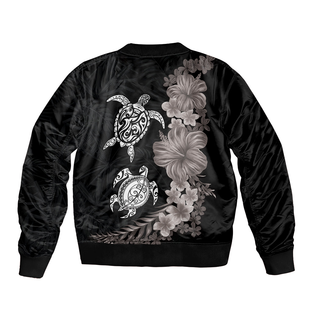 Hawaiian Flower and Tribal Turtle Sleeve Zip Bomber Jacket Grayscale Mode