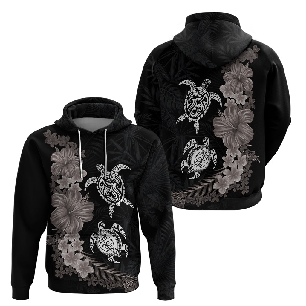 Hawaiian Flower and Tribal Turtle Zip Hoodie Grayscale Mode
