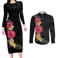 Hawaiian Plumeria and Hibiscus Couples Matching Long Sleeve Bodycon Dress and Long Sleeve Button Shirt Colorful Style
