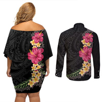 Hawaiian Plumeria and Hibiscus Couples Matching Off Shoulder Short Dress and Long Sleeve Button Shirt Colorful Style