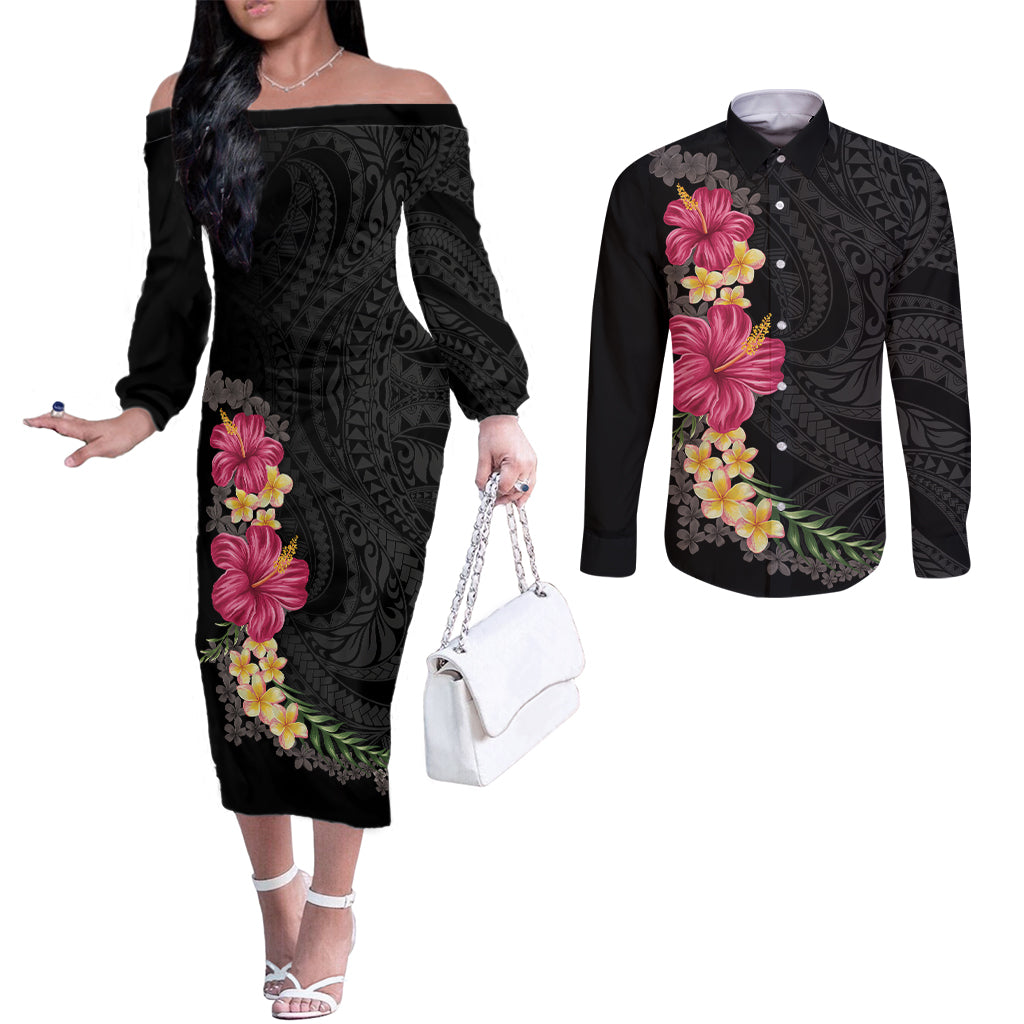 Hawaiian Plumeria and Hibiscus Couples Matching Off The Shoulder Long Sleeve Dress and Long Sleeve Button Shirt Colorful Style