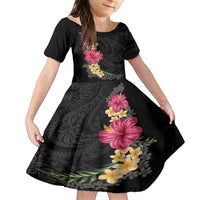 Hawaiian Plumeria and Hibiscus Family Matching Short Sleeve Bodycon Dress and Hawaiian Shirt Colorful Style LT03 Daughter's Dress Black - Polynesian Pride
