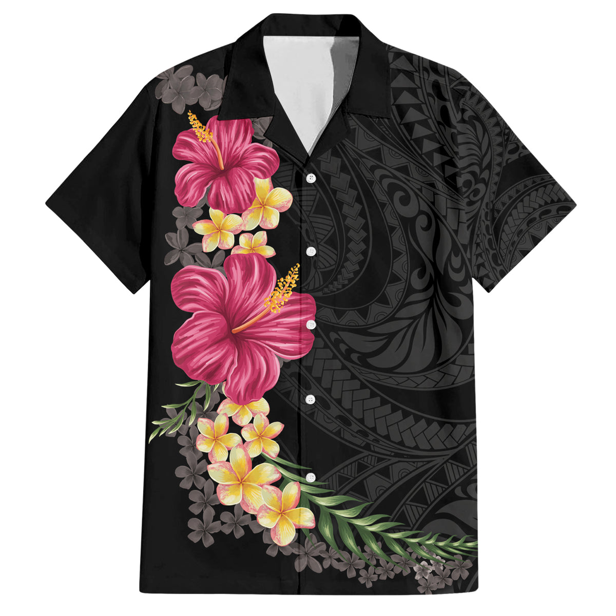 Hawaiian Plumeria and Hibiscus Family Matching Short Sleeve Bodycon Dress and Hawaiian Shirt Colorful Style LT03 Dad's Shirt - Short Sleeve Black - Polynesian Pride