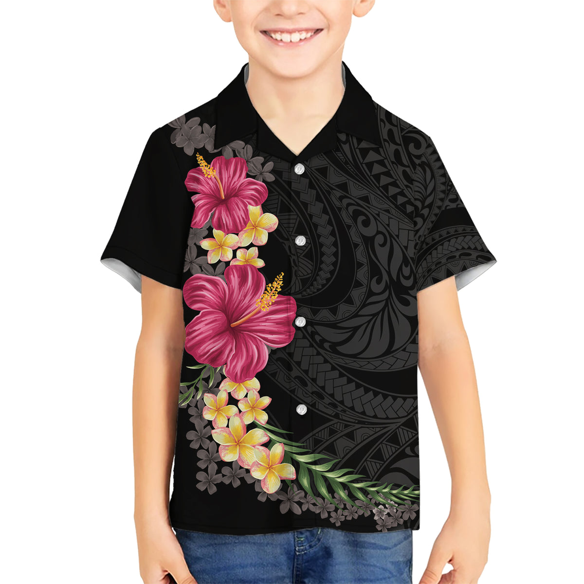 Hawaiian Plumeria and Hibiscus Family Matching Short Sleeve Bodycon Dress and Hawaiian Shirt Colorful Style LT03 Son's Shirt Black - Polynesian Pride