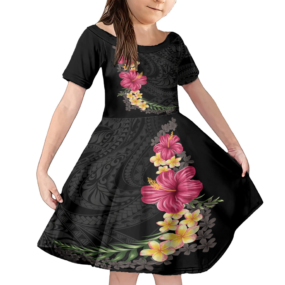 Hawaiian Plumeria and Hibiscus Kid Short Sleeve Dress Colorful Style