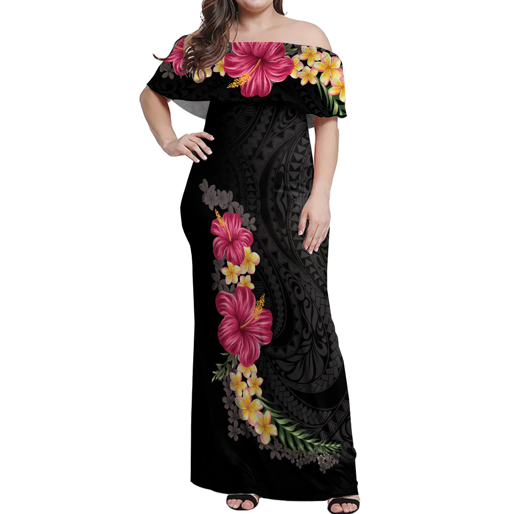 Hawaiian Plumeria and Hibiscus Off Shoulder Maxi Dress Colorful Style