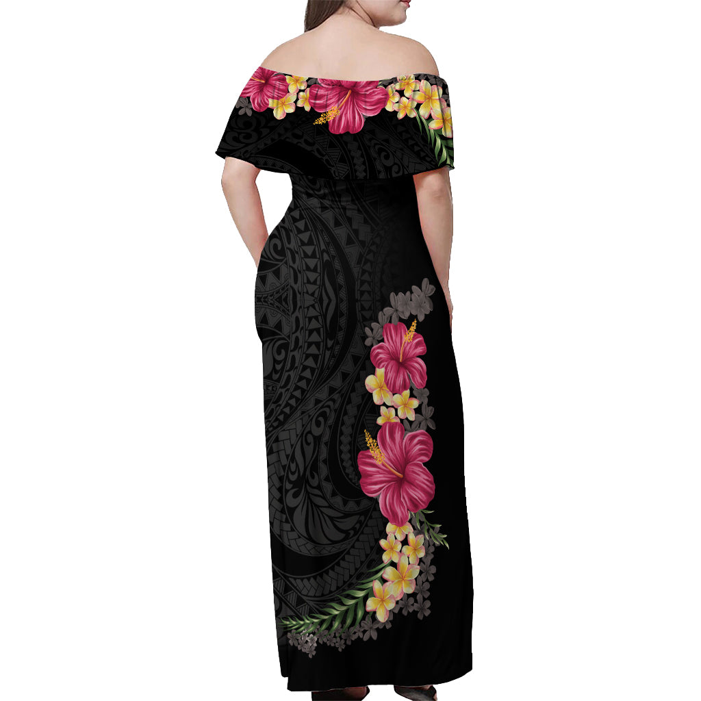 Hawaiian Plumeria and Hibiscus Off Shoulder Maxi Dress Colorful Style