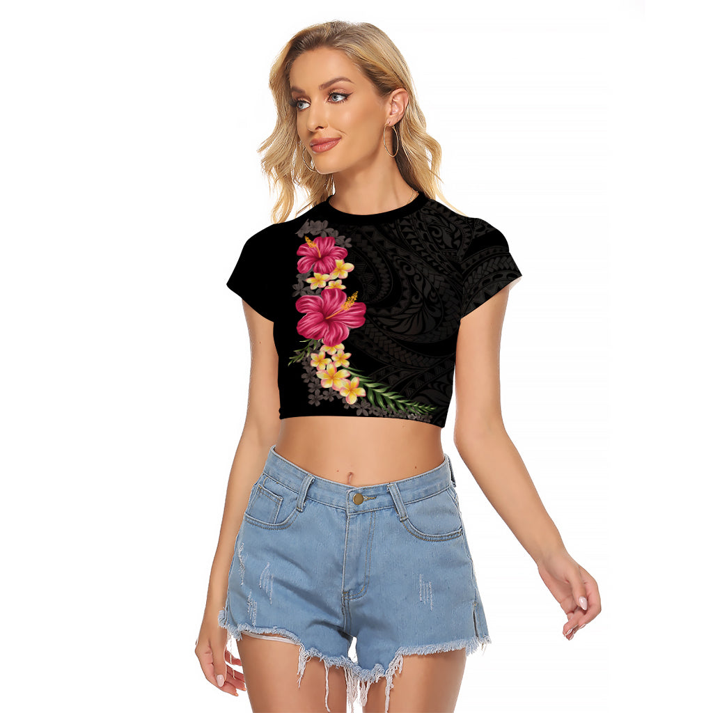 Hawaiian Plumeria and Hibiscus Raglan Cropped T Shirt Colorful Style