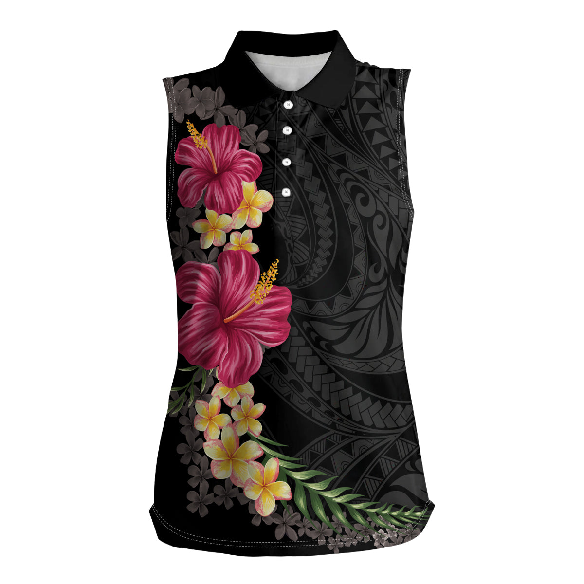 Hawaiian Plumeria and Hibiscus Women Sleeveless Polo Shirt Colorful Style