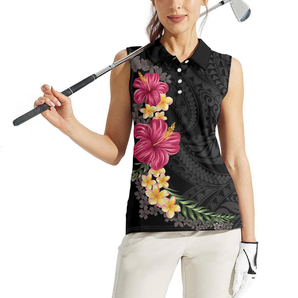 Hawaiian Plumeria and Hibiscus Women Sleeveless Polo Shirt Colorful Style