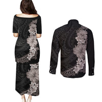 Hawaiian Plumeria and Hibiscus Couples Matching Puletasi and Long Sleeve Button Shirt Grayscale Mode