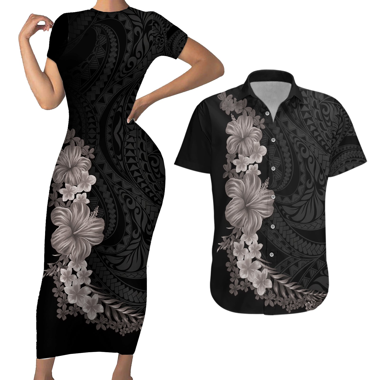 Hawaiian Plumeria and Hibiscus Couples Matching Short Sleeve Bodycon Dress and Hawaiian Shirt Grayscale Mode