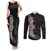 Hawaiian Plumeria and Hibiscus Couples Matching Tank Maxi Dress and Long Sleeve Button Shirt Grayscale Mode