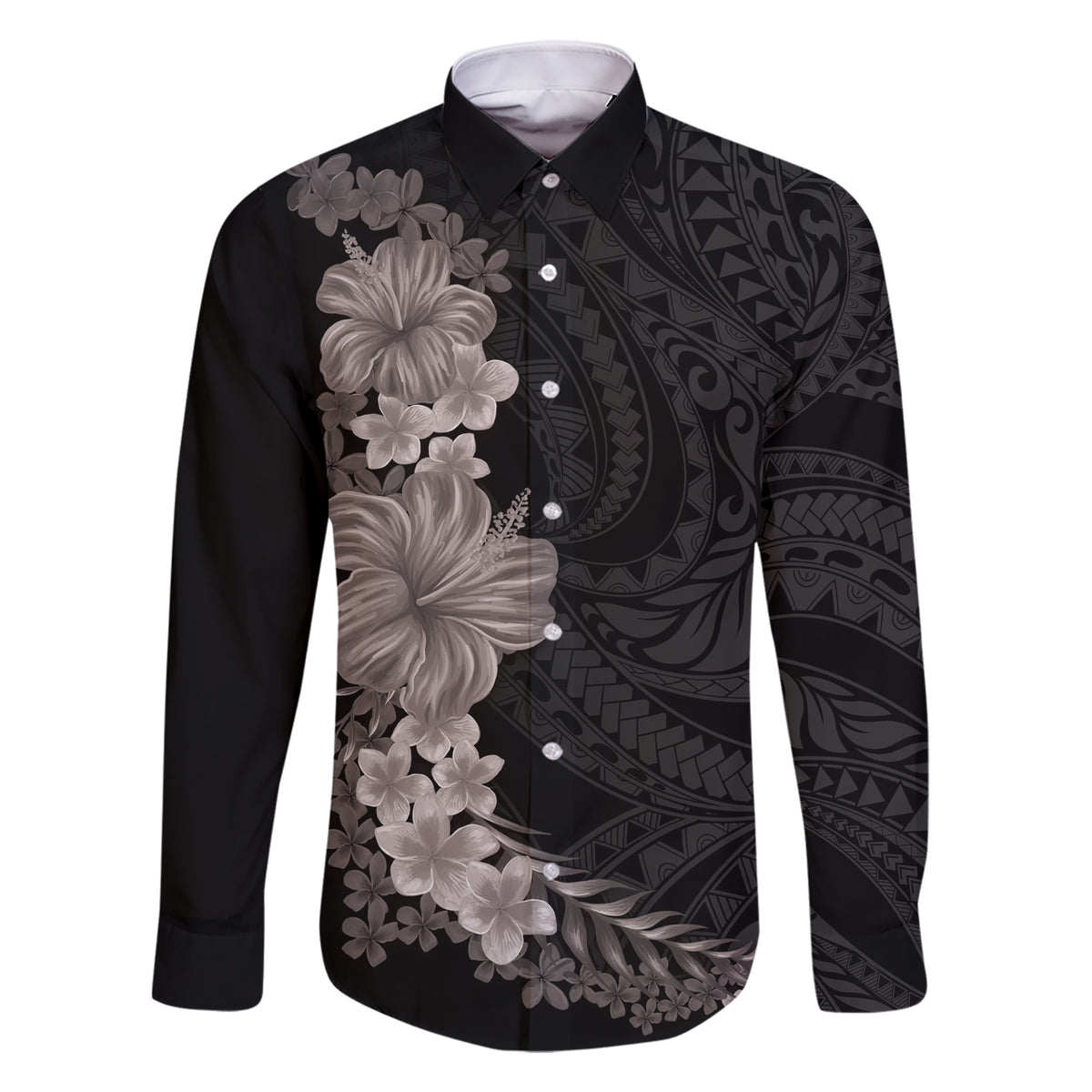 Hawaiian Plumeria and Hibiscus Family Matching Short Sleeve Bodycon Dress and Hawaiian Shirt Grayscale Mode