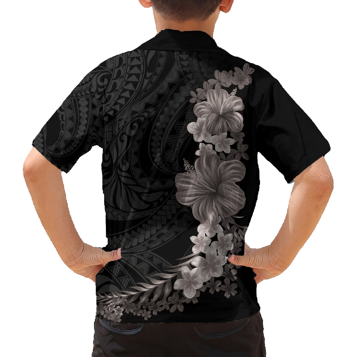 Hawaiian Plumeria and Hibiscus Family Matching Tank Maxi Dress and Hawaiian Shirt Grayscale Mode