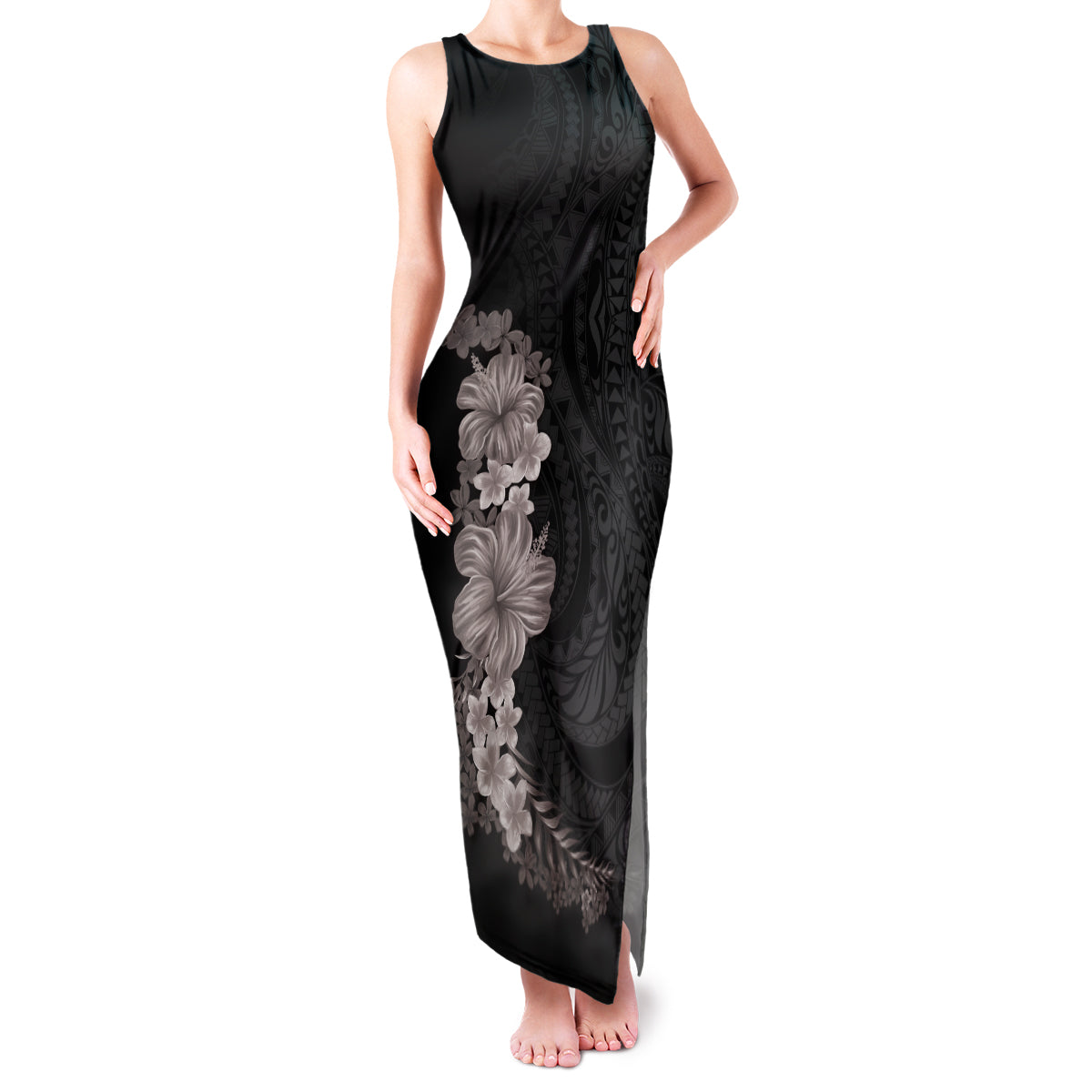 Hawaiian Plumeria and Hibiscus Family Matching Tank Maxi Dress and Hawaiian Shirt Grayscale Mode