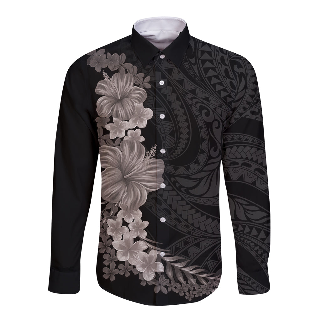 Hawaiian Plumeria and Hibiscus Long Sleeve Button Shirt Grayscale Mode