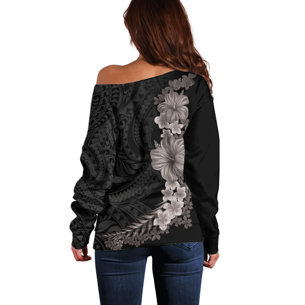 Hawaiian Plumeria and Hibiscus Off Shoulder Sweater Grayscale Mode
