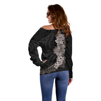 Hawaiian Plumeria and Hibiscus Off Shoulder Sweater Grayscale Mode