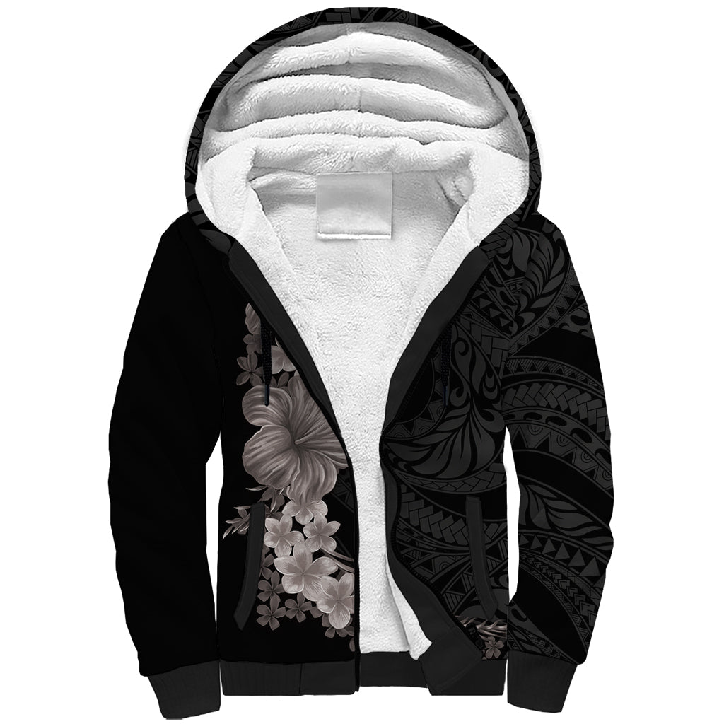 Hawaiian Plumeria and Hibiscus Sherpa Hoodie Grayscale Mode