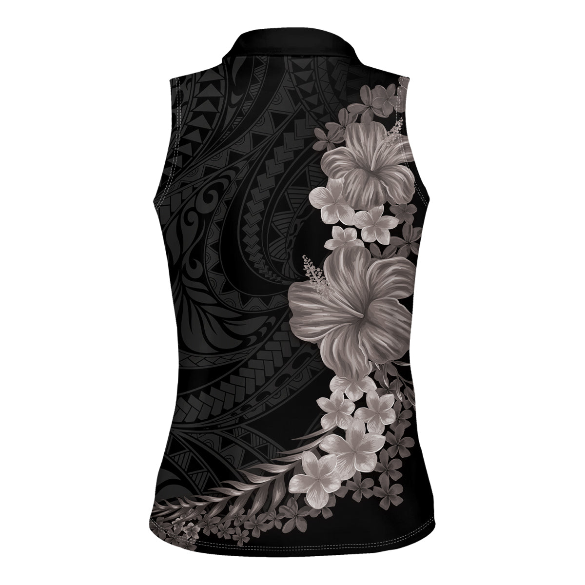 Hawaiian Plumeria and Hibiscus Women Sleeveless Polo Shirt Grayscale Mode