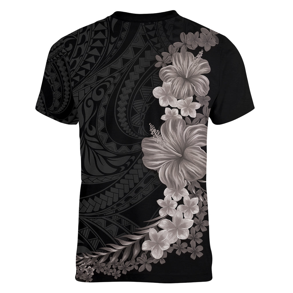 Hawaiian Plumeria and Hibiscus Women V-Neck T-Shirt Grayscale Mode