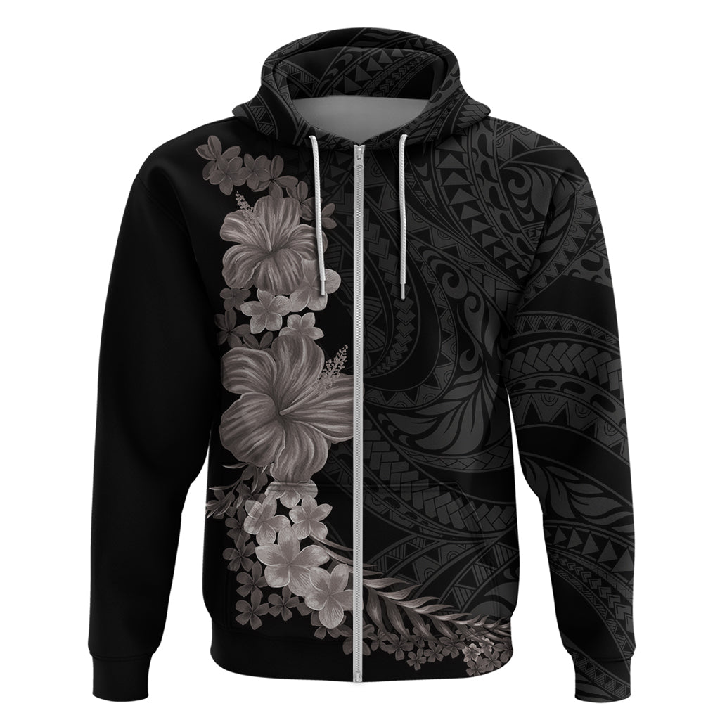 Hawaiian Plumeria and Hibiscus Zip Hoodie Grayscale Mode