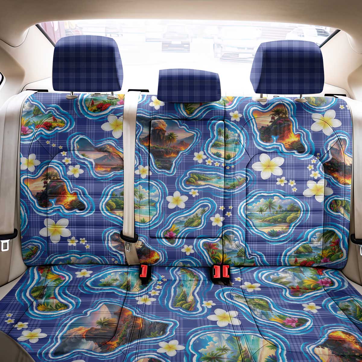Hawaiian Island Shapes-Iconic Landscape Back Car Seat Cover with Plumeria and Palaka Blue Color LT03 - Polynesian Pride