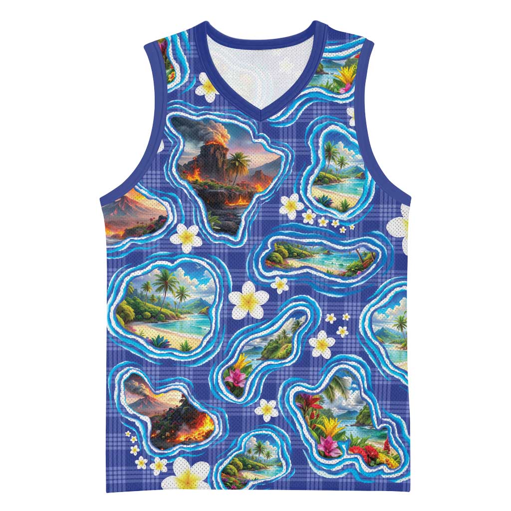 Hawaiian Island Shapes-Iconic Landscape Basketball Jersey with Plumeria and Palaka Blue Color LT03 Unisex Blue - Polynesian Pride