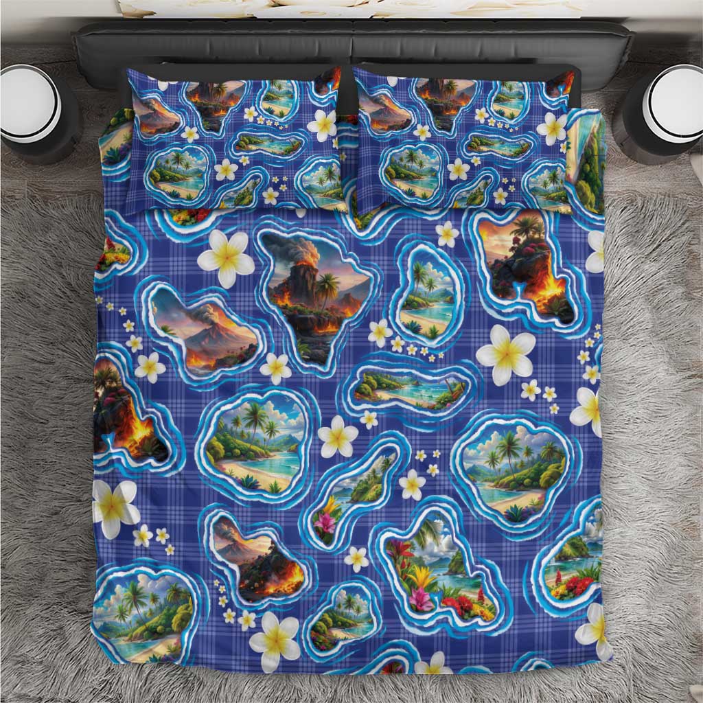 Hawaiian Island Shapes-Iconic Landscape Bedding Set with Plumeria and Palaka Blue Color