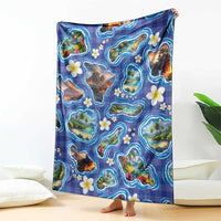 Hawaiian Island Shapes-Iconic Landscape Blanket with Plumeria and Palaka Blue Color LT03 - Polynesian Pride